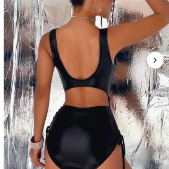 Cut Out Drawstring Side PU One Piece Swimsuit - Picture 4 of 4